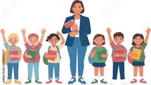 Smiling school children with backpacks and books standing near teacher woman education concept isolated vector illustration