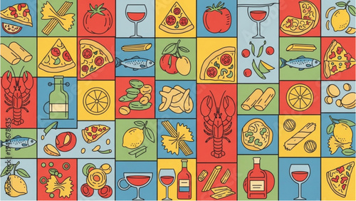 A colorful collage of various food and drink items on display