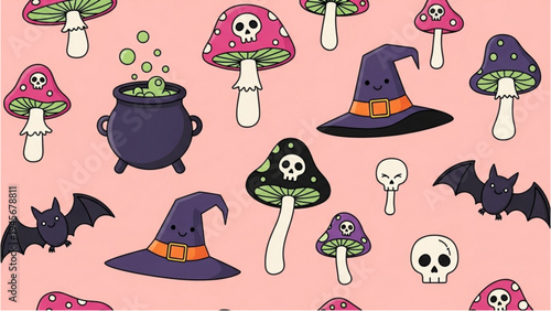 Halloween scene with mushrooms, hats, cauldron, bats, and skulls on pink background