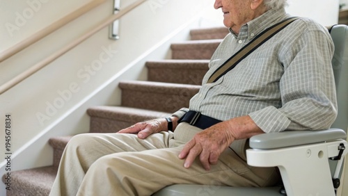 Elderly man sitting on a stairlift chair next to a staircase inside a home, highlighting assisted mobility and aging in place.