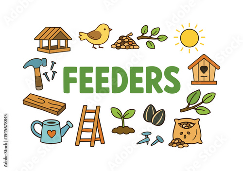 Feeders and supplies for birds and garden care, illustrated in a cute style. A collection of charming illustrations depicting bird feeders, seeds, gardening tools, and a small bird