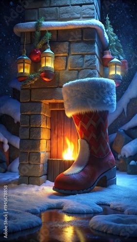 Santa's bright red boots resting near a cozy chimney on a snow-covered night