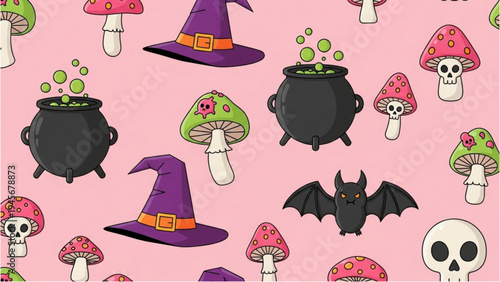 Halloween decorations include witch hats, cauldrons, mushrooms, bats, and skulls on pink.