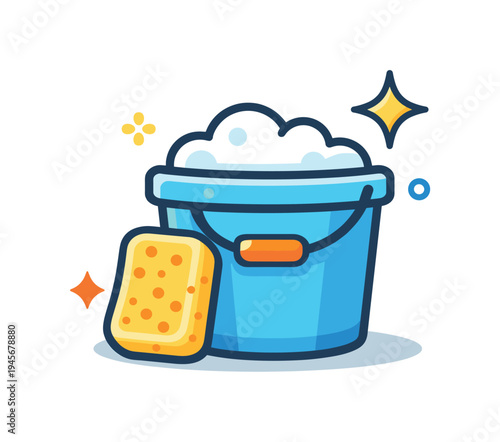 Spring Cleaning home maintenance and decluttering routine focused on creating a calm and organized environment, a small bucket with a sponge and a single sparkle symbolizing cleanliness