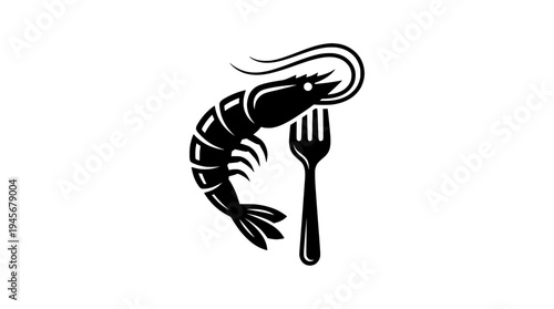 Shrimp with Fork Seafood Logo Silhouette Vector
