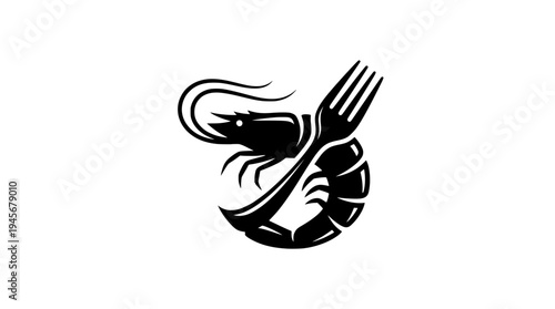 Shrimp with Fork Seafood Logo Silhouette Vector
