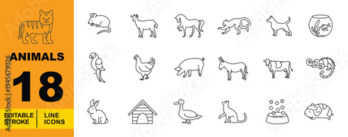Common Pets & Farm Animals Line Icons. Editable stroke vector icons for veterinary and pet care. Featuring horses, dogs, cats, pigs, rabbits, and domestic animal symbols for animal shelter or pet shop