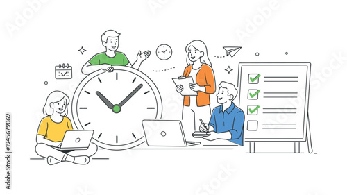 Teamwork and time management illustration with people collaborating around a clock and checklist. A diverse group of colleagues actively engaged in tasks, symbolizing efficient