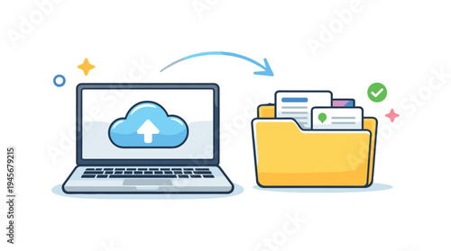 Laptop uploading files to a folder with a checkmark and stars. Illustration of a laptop screen displaying a cloud with an upload arrow, transferring data to a yellow folder filled