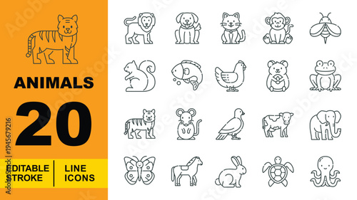 Animals and Wildlife Full Body Line Icons. Editable stroke icons for nature and pet shops. Featuring lion, dog, cat, monkey, bee, squirrel, tiger, elephant, and sea creature symbols for app UI design.