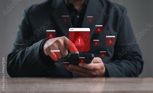 Mobile device displaying multiple warning alerts about potential system threats and suspicious activity. Concept of cybersecurity risk, digital protection, malware detection, and network safety.