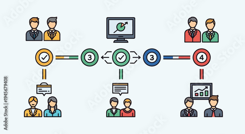 Business Workflow Progression Illustration with Team Collaboration and Data Analysis