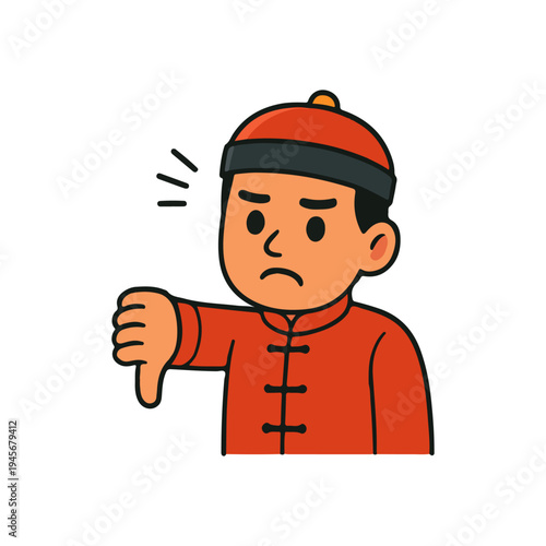 Chinese man showing thumbs down gesture. Disappointed asian man in traditional red outfit.