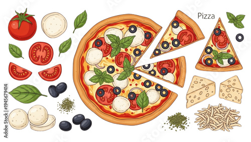 Delicious homemade pizza with toppings and ingredients on a table indoors