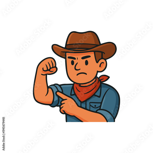 Confident cowboy showing strength. Strong western man flexing arm muscle. Determined rancher with proud expression.