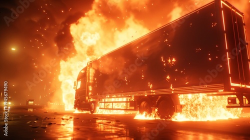 A truck is on fire and is surrounded by flames. The scene is chaotic and dangerous. The fire is spreading quickly and the truck is in the middle of it