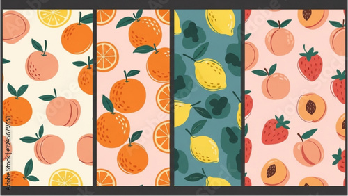 Vibrant seamless patterns of assorted fruits on colorful backgrounds