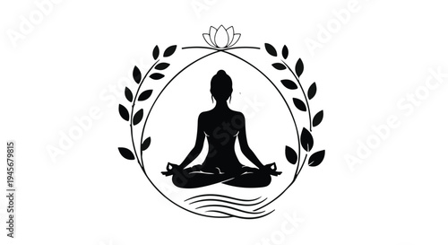 Meditating figure in silhouette sits in a lotus pose framed by a delicate wreath of leaves and a small lotus flower overhead, symbolizing calm.