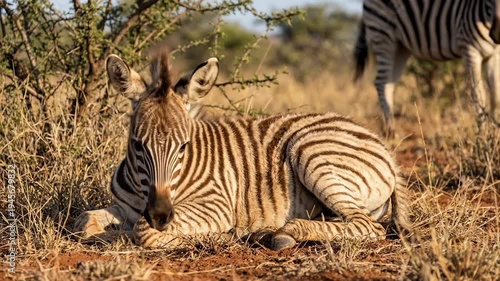 Young zebra foal resting on the ground in the african savanna