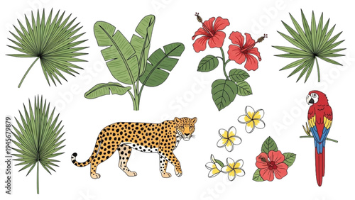 A cheetah walks through a tropical forest with palm trees, hibiscus flowers, and a colorful parrot.