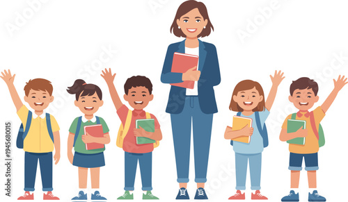 Smiling school children with backpacks and books standing near teacher woman education concept isolated vector illustration