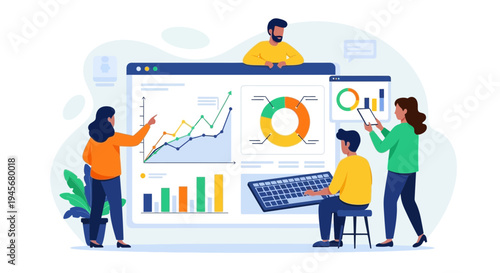 Team analyzing business data dashboard for insights and strategy development