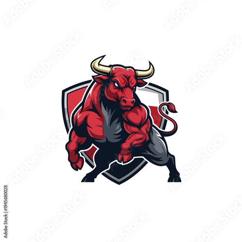 Strong red bull mascot with horns and shield emblem on white background