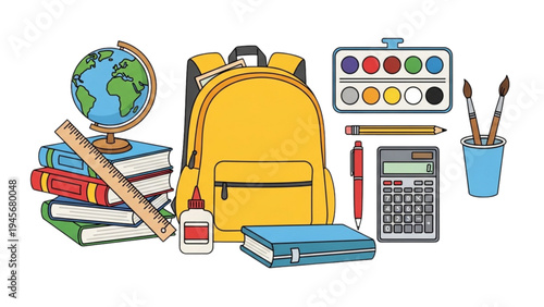 A student prepares for school with a backpack and educational supplies on a desk.