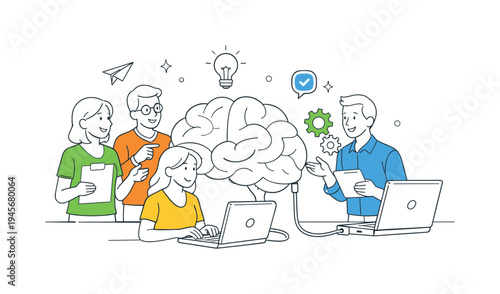 A startup team exploring artificial intelligence tools to simplify everyday work tasks and improve productivity, gathered around a large simplified brain connected to a laptop with a few