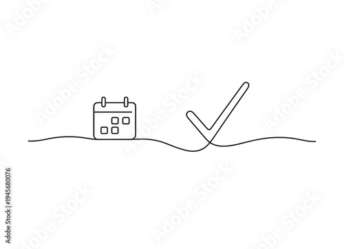 Calendar with checkmark icon symbolizing task completion and scheduling success. A minimalist line art illustration of a calendar page next to a large checkmark, representing