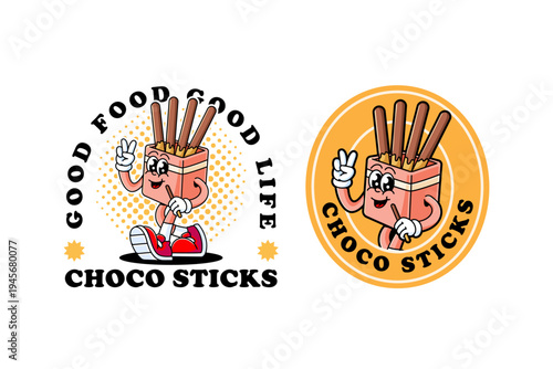 Retro groovy with Chocolate biscuit sticks mascot. Funny choco wafer sticks retro cartoon character with walking and peace hand for merchandise. Vector Illustration