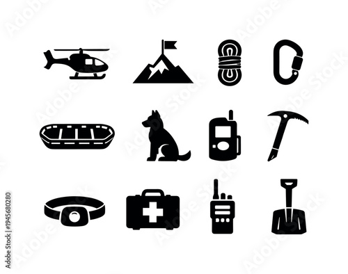 Rescue team equipment icons: helicopter, mountain, rope, carabiner, raft, dog, radio, ice axe. Collection of black icons representing essential equipment for search and rescue