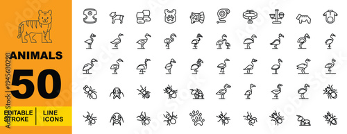 Flamingo & Insect Wildlife Icons. Editable stroke vector icons for nature and pet care. Featuring various flamingo poses, ants, beetles, and pet accessories like collars and bowls for zoology