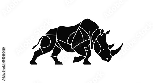 Powerful black rhinoceros figure rendered in a geometric, segmented low-poly style stands ready for movement against a clean white backdrop.