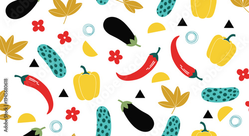 Seamless vegetable pattern with chili peppers cucumbers eggplants and bell peppers colorful abstract food background vector illustration