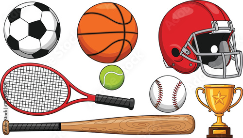 Sports Equipment Collection with Soccer Ball Basketball Tennis Racket Baseball Bat Helmet Trophy Vector Illustration Set