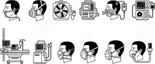 Medical intensive care unit equipment icons, hospital ventilator oxygen mask and patient monitor set, healthcare respiratory support system vector, designs.