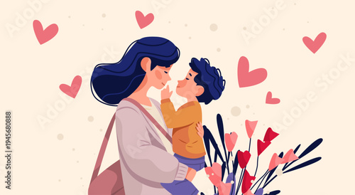Mother and child Mother's Day love embrace floral bouquet pink hearts pastel background website banner