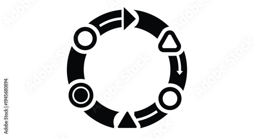 Black circular diagram with arrows and geometric shapes depicting a process