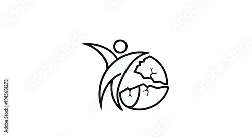 Abstract line art depicts a simplified human figure raising arms above a cracked sphere representing the earth, symbolizing global care and energetic outreach against white.