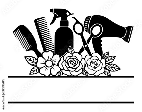 Professional Hair Stylist Tools With Beautiful Flowers, Hairdryer Scissors And Combs Silhouette, Beauty Salon Split Monogram Frame Design