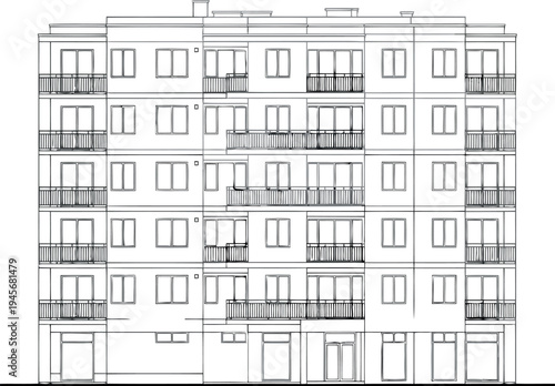 Architectural drawing of a multi story building with balconies isolated on transparent background