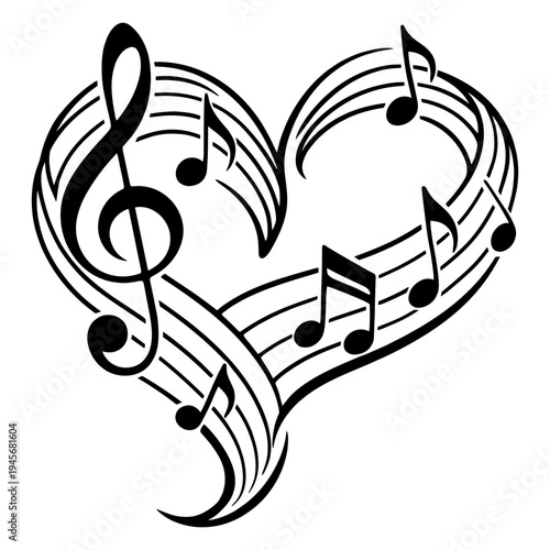 Musical Notes Forming A Heart Shape With Treble Clef, Creative Melody Composition Silhouette, Romantic Music Lover Graphic Illustration