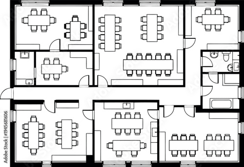 Office floor plan with meeting rooms and workstations isolated on transparent background