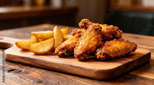 Delicious fried chicken wings and roasted potatoes on serving board on wooden table.