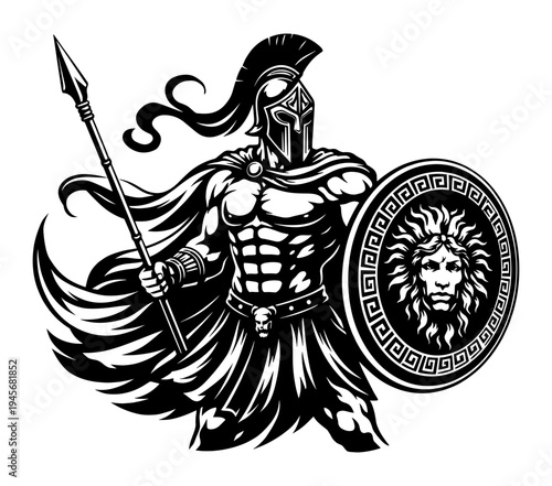 Ancient Spartan Warrior With Spear And Shield Featuring Medusa Head, Brave Greek Gladiator Soldier Silhouette In Battle Armor, History Art