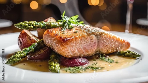 Delicious salmon fillet with roasted potatoes and asparagus served in a gourmet restaurant setting.