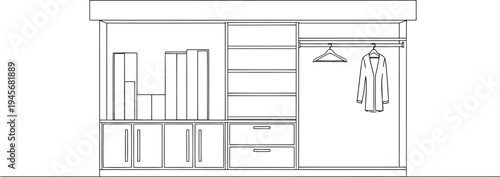 Detailed blueprint of a modern walk in closet with shelving and storage isolated on transparent background