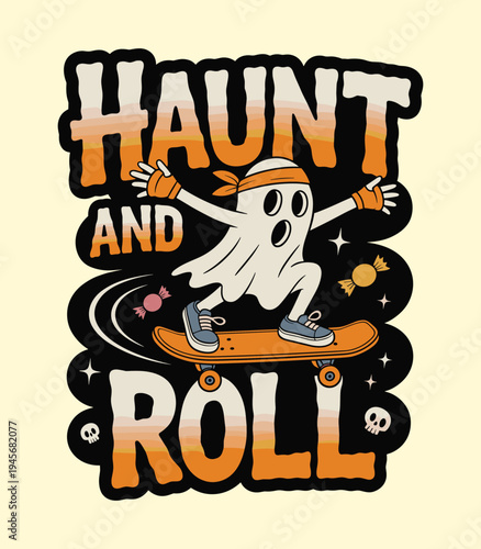 Retro Haunt and Roll Halloween Ghost Skateboarder Sticker