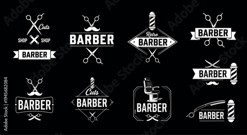 Set, of, vintage, barber, shop, badges, and, logos, featuring, scissors, barber, poles, razors, and, mustache, icons, for, hair, salon, branding.
